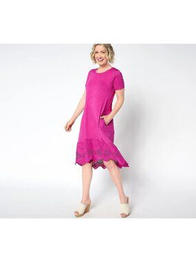 LOGO Lavish Lori Goldstein Knit Dress Size Large Petite Lace Hem Crushed Berry